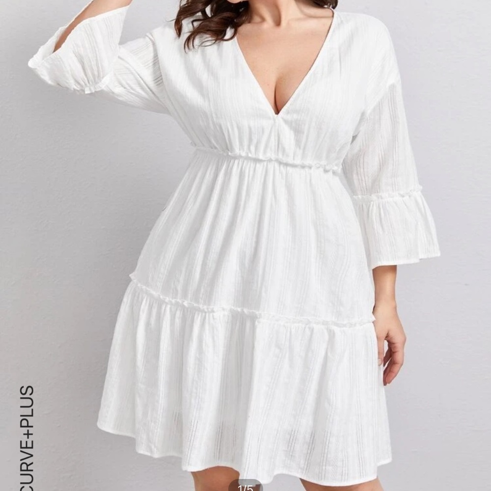SHEIN Plus Size Flounce Sleeve White Dress